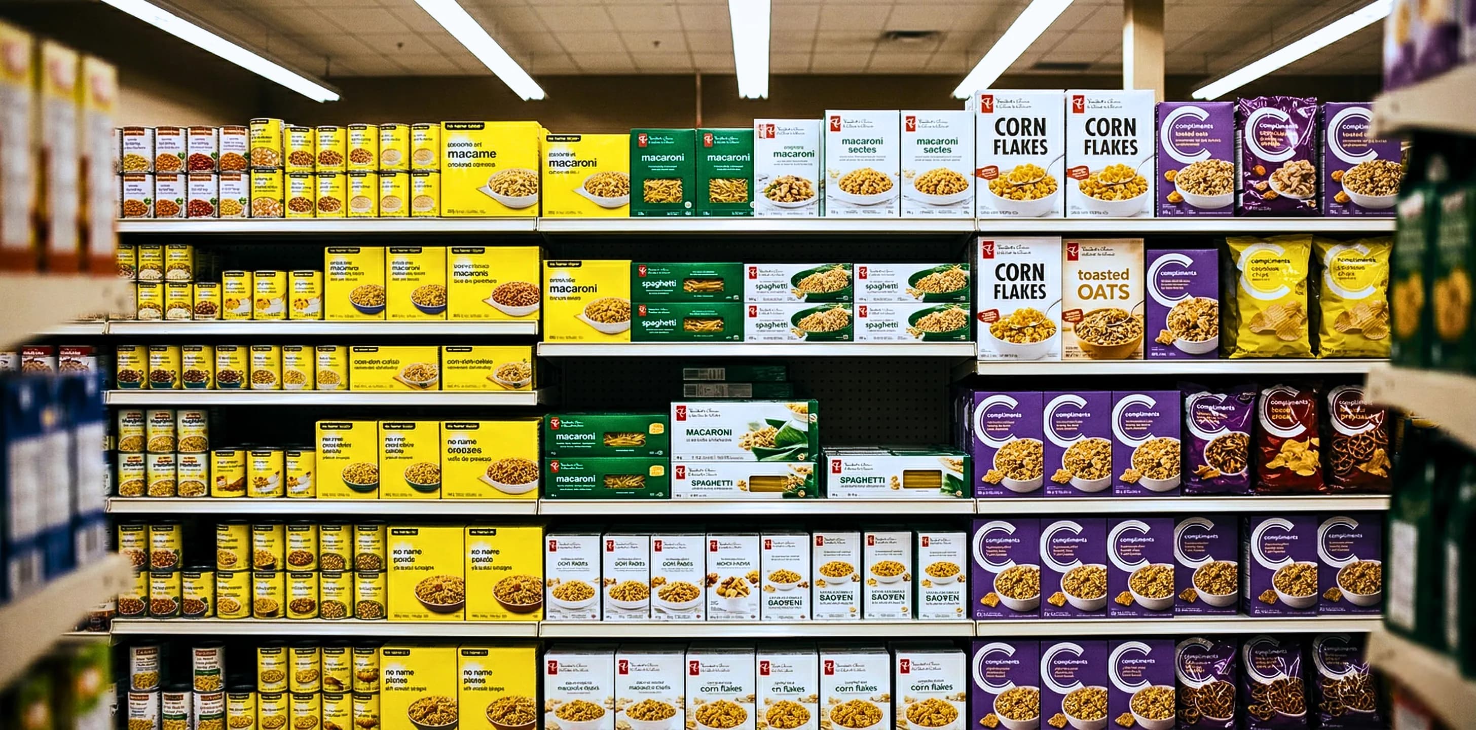 Canadian grocery shelf with private label products