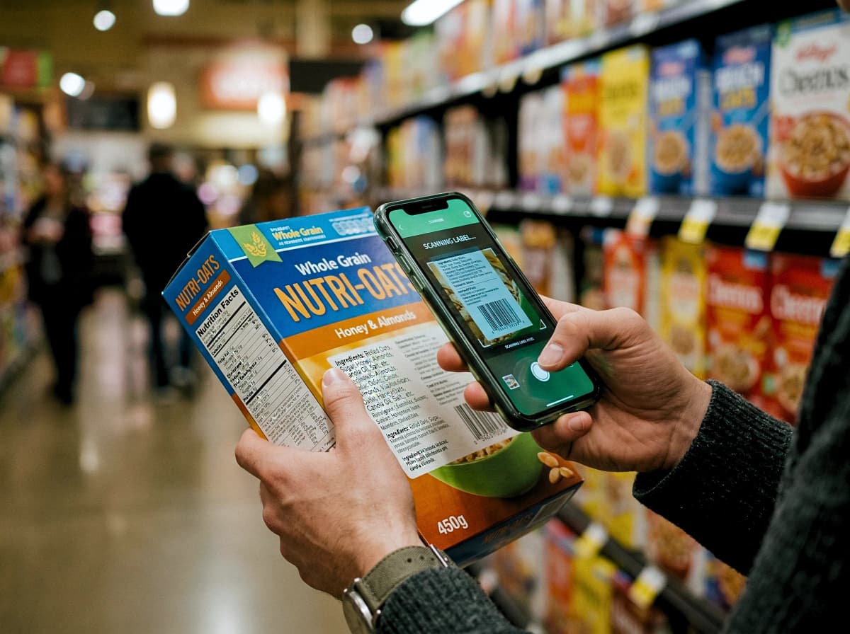 Hands scanning cereal box label with phone