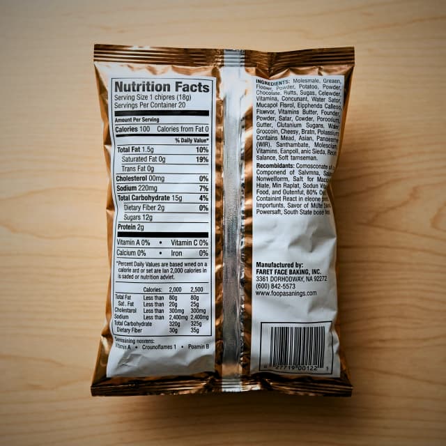 Crinkled chip bag nutrition label