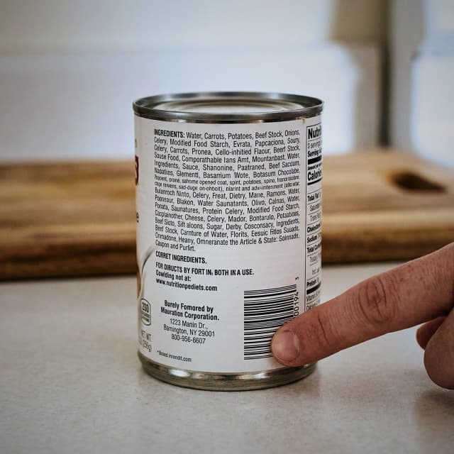 Curved soup can ingredient label