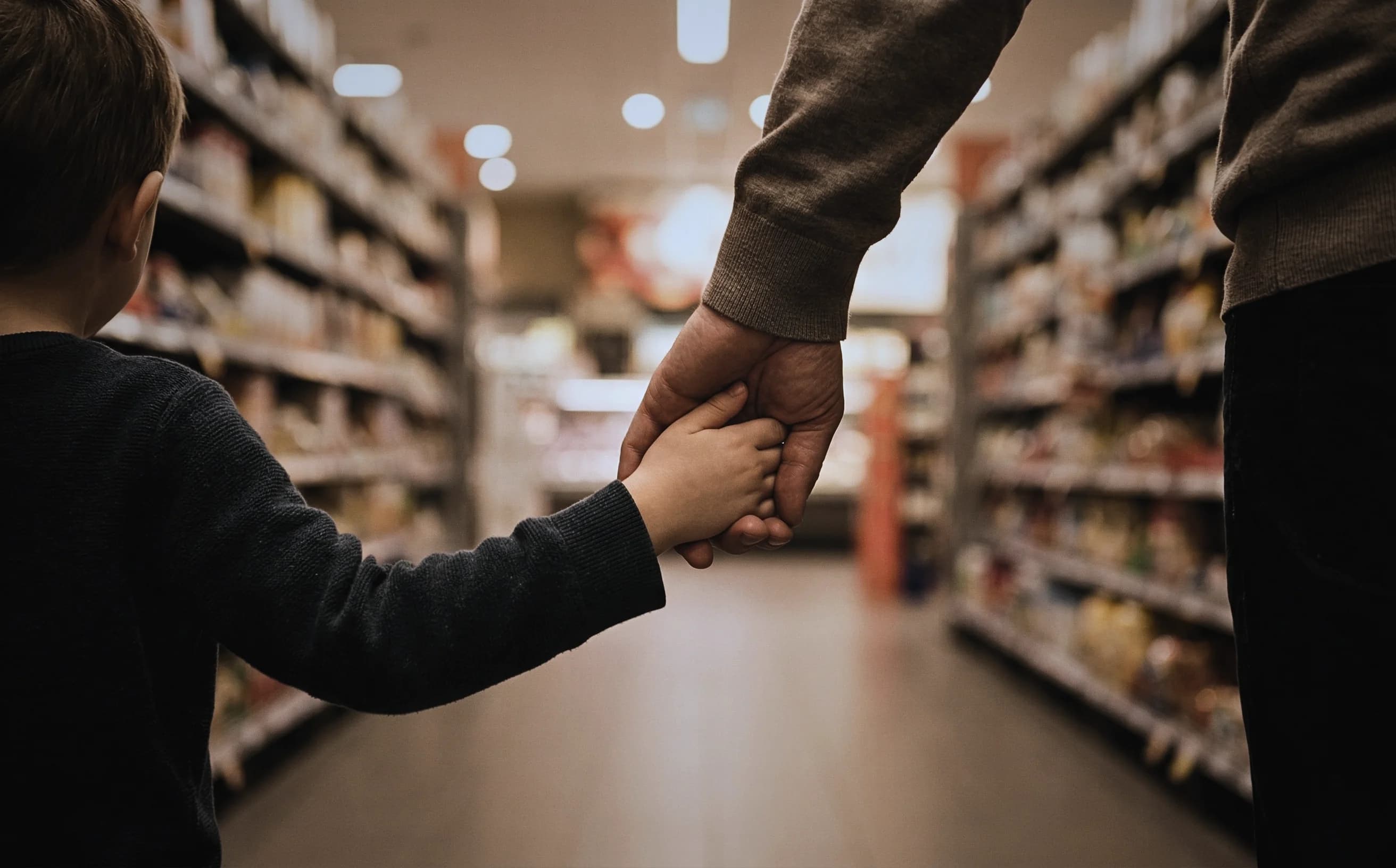 Parent holding child's hand in grocery aisle